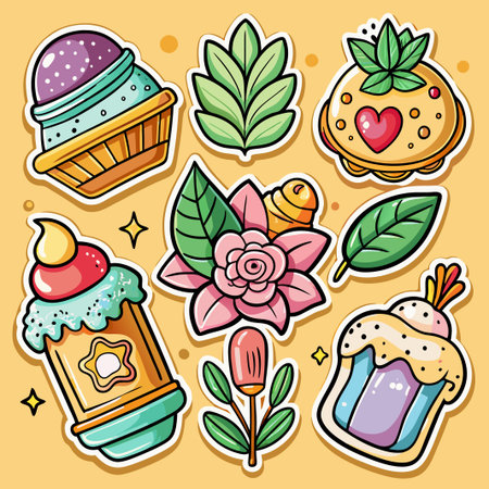 Colorful cartoon sticker set with sweets and floral elements.のイラスト素材