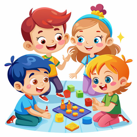 Four happy kids playing a board game with colorful blocks.のイラスト素材
