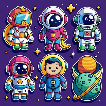 Cute cartoon astronauts and planet stickers on purple background.のイラスト素材