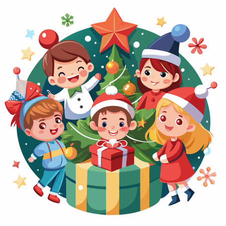 Four children celebrating Christmas with a decorated tree, gift, and smiles.のイラスト素材