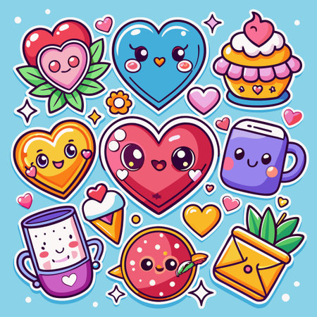 Cute Cartoon Stickers with Hearts, Cups, and a Cupcake.のイラスト素材