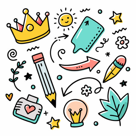 Hand-drawn doodles with a crown, pencils, leaves, stars, and a lightbulb.のイラスト素材