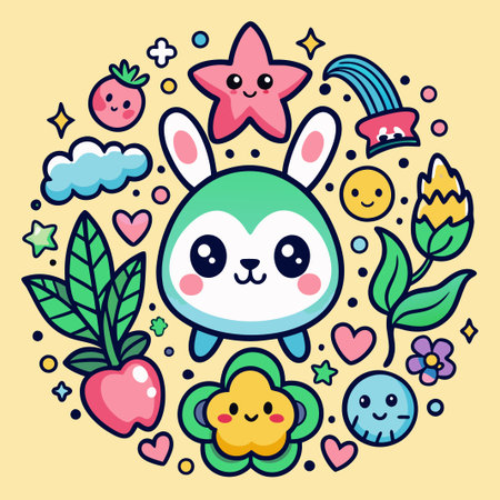 Cute cartoon bunny surrounded by flowers, hearts, stars, and clouds.のイラスト素材