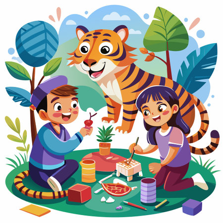 Two children playing with a tiger in a jungle setting.のイラスト素材