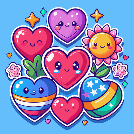 Cute cartoon hearts and flowers in a playful design.のイラスト素材