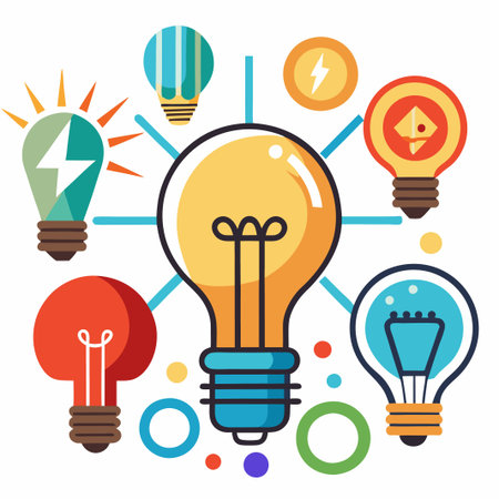 Bright lightbulb with smaller lightbulbs around it, in cartoon style.のイラスト素材