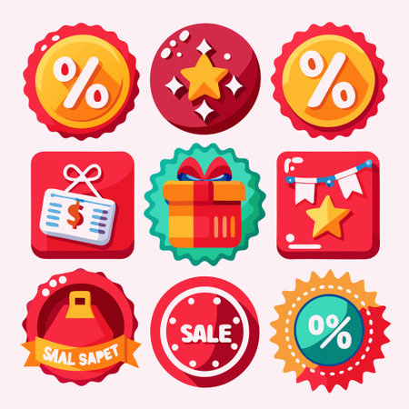 Set of colorful badges with discount signs, gift box, star, and sale text.のイラスト素材