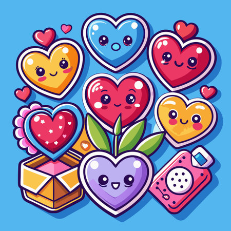 Cute hearts with different colors and expressions surrounded by gift box and camera.のイラスト素材