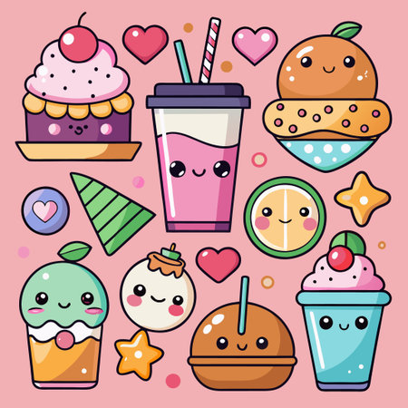 Cute cartoon food characters with pink background.のイラスト素材