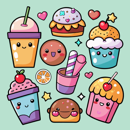 Cute kawaii cartoon food illustration with a cupcake, donut, and ice cream.