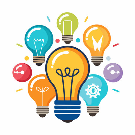 Colorful light bulbs with abstract symbols representing innovation and creative thinking.のイラスト素材