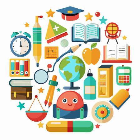 Colorful Back To School Illustration With Objects Arranged In A Circle.のイラスト素材