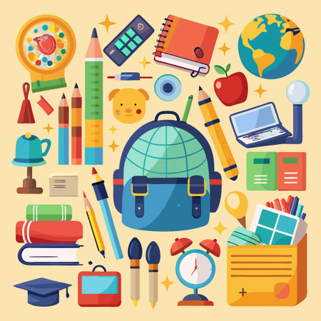 Colorful school supplies, including a backpack, pencils, books, an apple, and a graduation cap.のイラスト素材