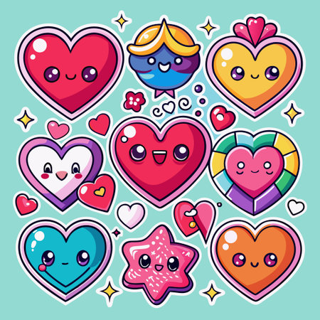 Cute kawaii hearts with different styles and colors, isolated on a blue background.のイラスト素材