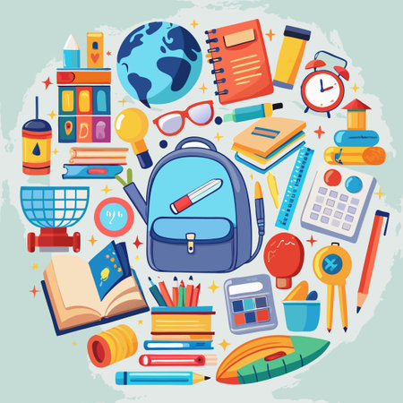 Colorful school supplies arranged in a circle around a blue backpack.のイラスト素材