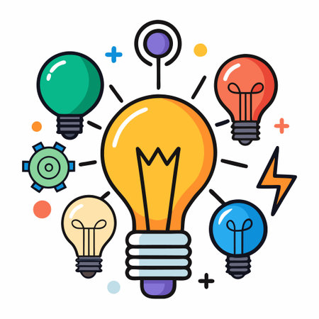 A large yellow lightbulb with a white glow surrounded by smaller lightbulbs of different colors with colorful design elements.のイラスト素材
