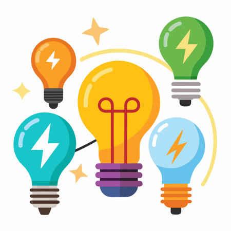 Five light bulbs with lightning bolts connected by a curved line with stars.のイラスト素材