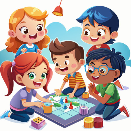Four happy children playing a board game together on the floor.のイラスト素材