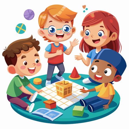Happy diverse group of kids playing a board game together.のイラスト素材