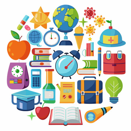 Colorful cartoon school supplies and objects in circle shape.のイラスト素材
