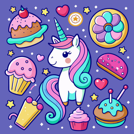 Cute cartoon unicorn with assorted sweets, cupcakes, and hearts on a purple background.のイラスト素材