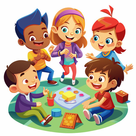 Four happy cartoon children are playing a game on the grass.のイラスト素材
