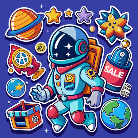 Cartoon Astronaut Spaceman Floating in Space with Planet and Stars.のイラスト素材