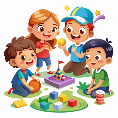 Happy children playing together on the playground, holding toys and smiling.のイラスト素材