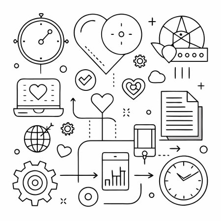 Abstract illustration of business and love icons in black and white.のイラスト素材