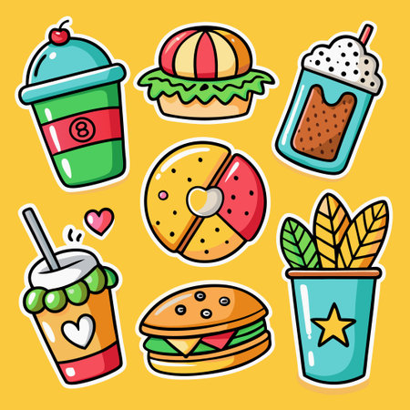 Cute cartoon food stickers with yellow background.のイラスト素材