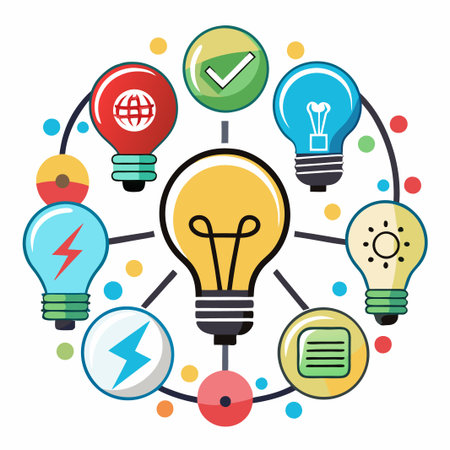 Multiple light bulbs with different symbols inside connected to a bigger light bulb in the middle.のイラスト素材