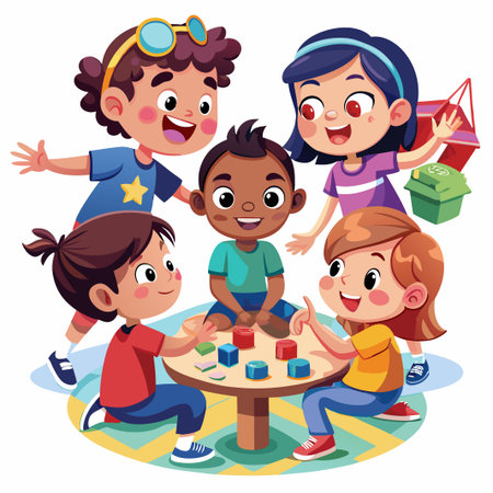 Four kids are playing with building blocks around a small table.  They are all smiling and having fun.のイラスト素材