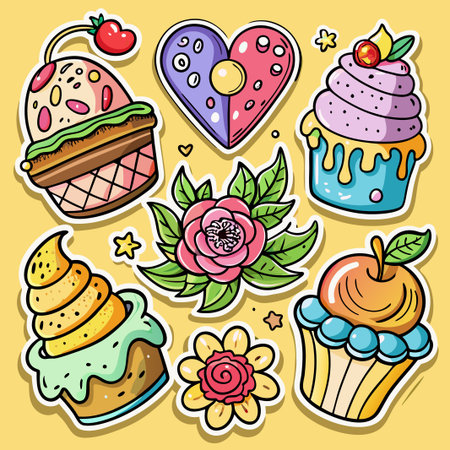 Colorful cartoon stickers with cupcakes, a heart, a flower and an apple.のイラスト素材