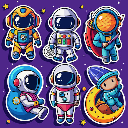 Six cute astronaut characters in space suits with different expressions.のイラスト素材