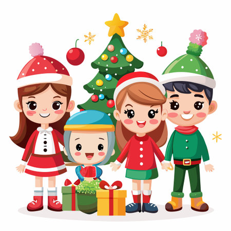 Cute Cartoon Christmas Kids with Gifts and Tree.のイラスト素材