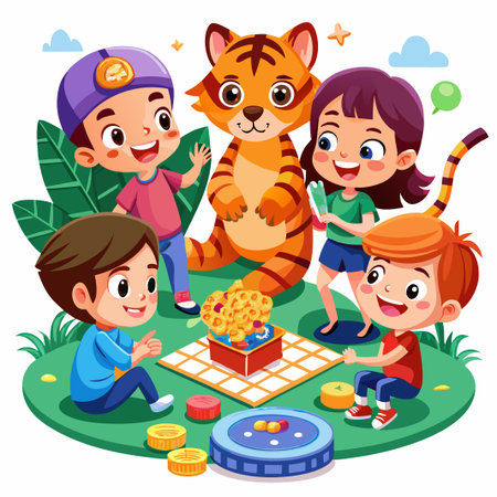 Happy children playing a board game with a tiger.のイラスト素材