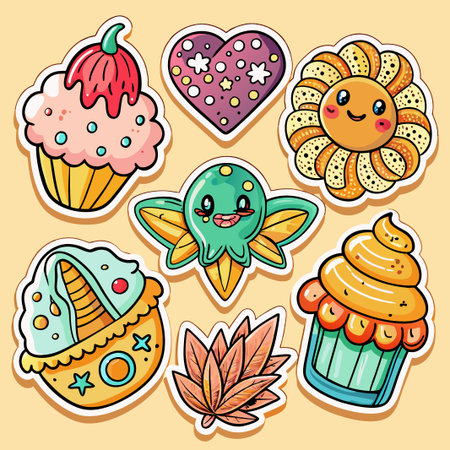 Colorful cartoon stickers with cute characters and sweet treats on a light orange background.のイラスト素材