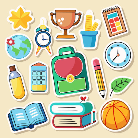 Colorful school and sport stickers on a beige background.のイラスト素材