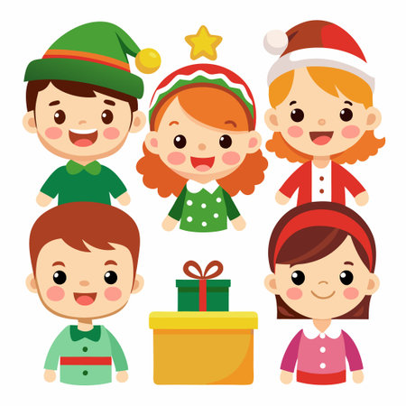 Five happy children in festive attire, surrounded by Christmas gifts.のイラスト素材