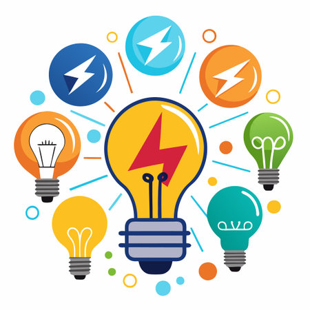 Bright yellow light bulb with lightning bolt and other light bulbs around.のイラスト素材