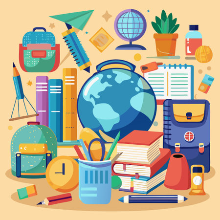 Colorful school supplies, including backpacks, books, pencils, a globe, a pencil holder, and more,...