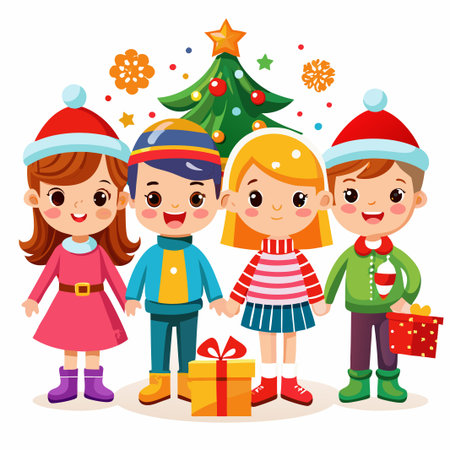 Four children in winter clothing stand in front of a decorated Christmas tree, holding gifts.のイラスト素材