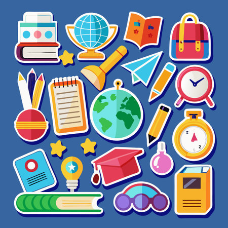 Set of colourful school icons, including a globe, a book, a pencil, a notebook, and a backpack.のイラスト素材