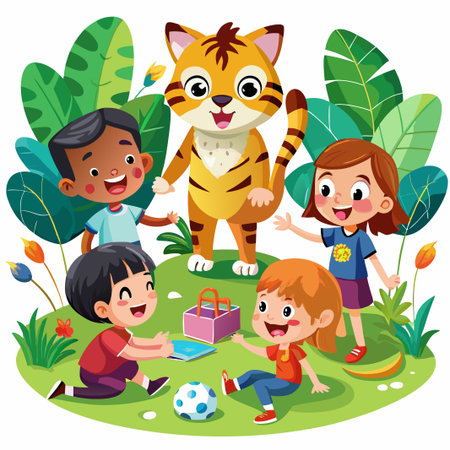Four happy kids are playing with a tiger in a green jungle.のイラスト素材