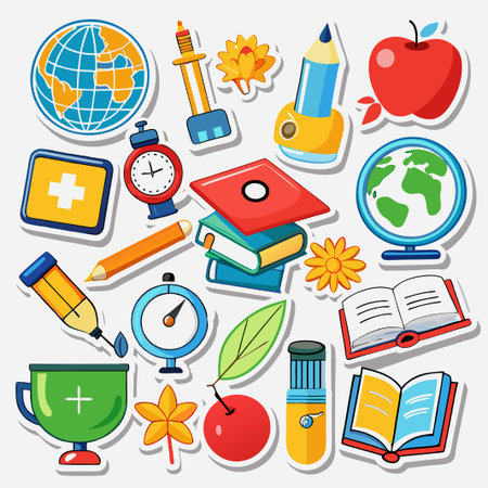 Colorful stickers of education and learning related objects.のイラスト素材