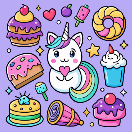 Cute unicorn and sweet treats on purple background.のイラスト素材