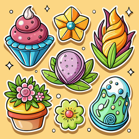 Set of stickers with cupcakes, flowers, and plants.のイラスト素材