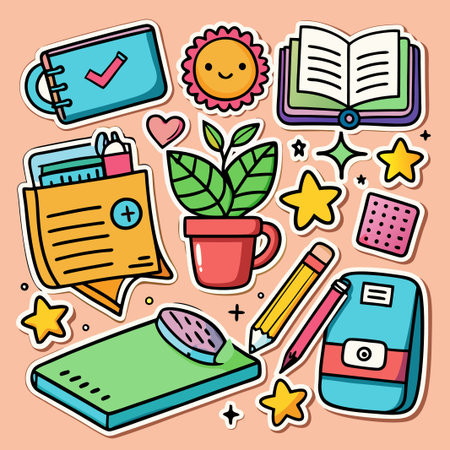 Colorful doodle sticker set with school supplies and happy sun.のイラスト素材