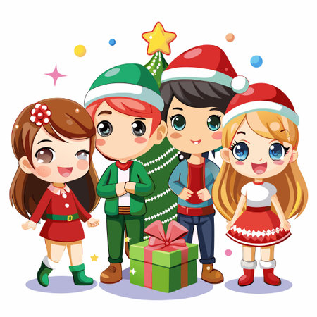 Four cute cartoon characters celebrating Christmas, one with a green elf hat, two with Santa hats, and one with a red flower on her head, in front of a Christmas tree and a green gift.のイラスト素材