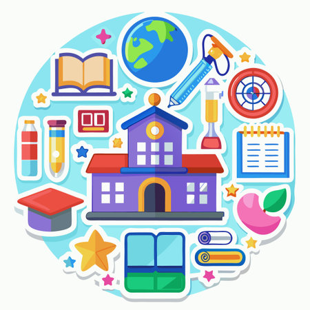 Colorful school icons with book, globe, pencil, apple, and building.のイラスト素材